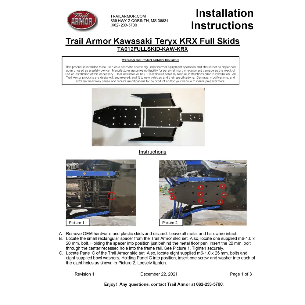 Trail Armor 2020 - 2024 Kawasaki KRX 1000 KRX 1000 Special Edition KRX 1000 Trail Edition and KRX 1000 eS Full Skids