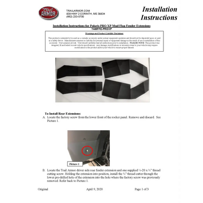 Trail Armor 2020 - 2024 Polaris RZR Pro XP RZR Pro XP 4 2022 - 2024 Turbo R and Turbo R 4 (all editions) Mud Flap