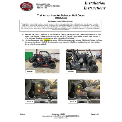 Trail Armor 2023 Can Am Defender Defender XT Defender XMR Defender 6x6 and Defender Pro Half Doors