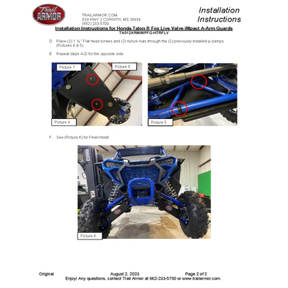 Trail Armor 2023 - 2024 Honda Talon 1000R Talon 1000 R-4 Fox Live Valve 2024 Talon 1000R Fox Live Valve iMpact Front