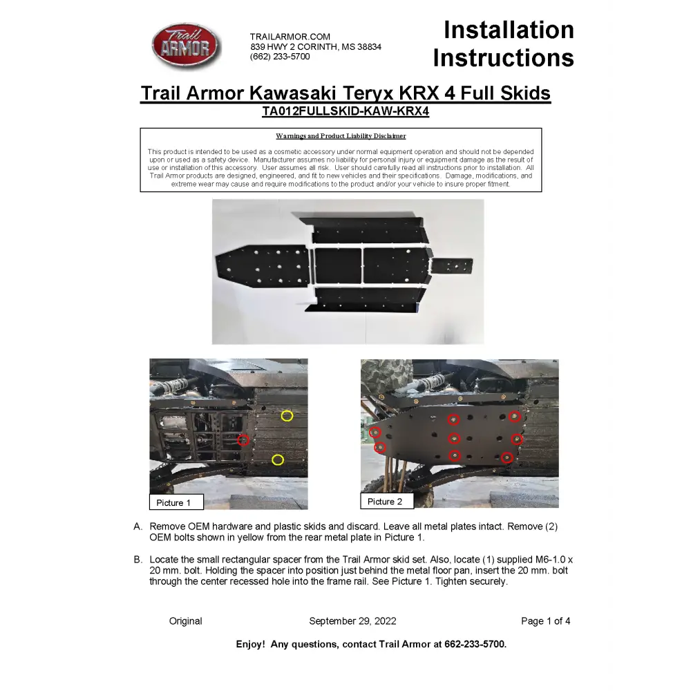 Trail Armor 2023 - 2024 Kawasaki KRX 4 1000 SE KRX 4 1000 eS Special Edition and KRX 4 1000 eS Full Skids