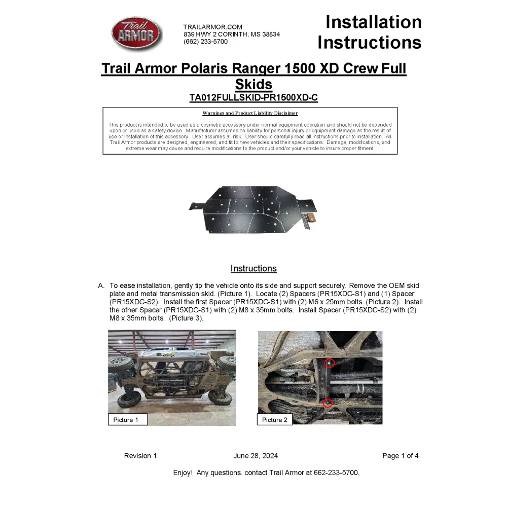 Trail Armor 2024 Polaris Ranger Crew 1500 XD (Premium Northstar Edition Premium Northstar Edition Ultimate) Full Skids