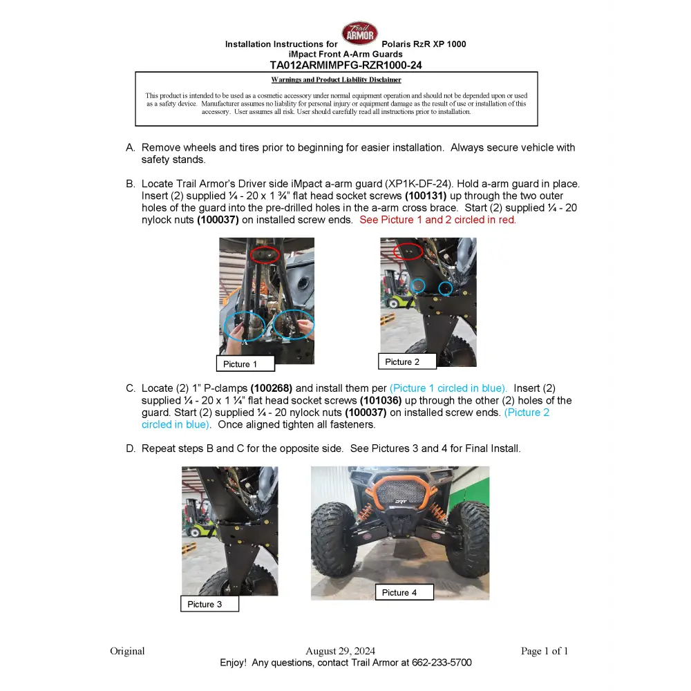 Trail Armor 2024 RZR XP 1000 RZR XP 4 1000 iMpact Front Arm Guards set of 2 - A-Arm Guards