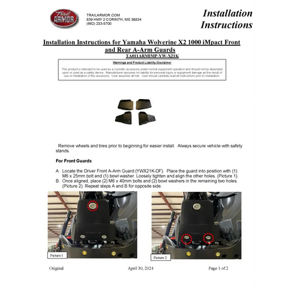 Trail Armor 2024 Yamaha Wolverine X2 1000 R-Spec and 1000 XT-R iMpact A-Arm Guards - A-Arm Guards