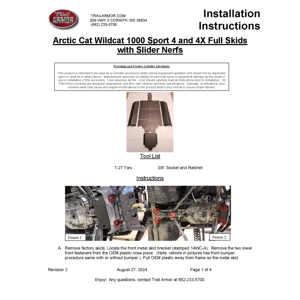 Trail Armor Arctic Cat Wildcat 4X Limited Wildcat 4 Limited Wildcat 4X Wildcat 4 Full Skids with Slider Nerfs 2013-2016