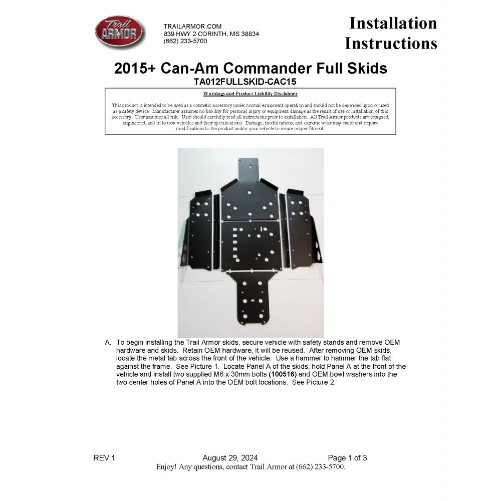 Trail Armor Can Am Commander 800 800 DPS 800 XT 1000 1000 DPS 1000 X 1000 XT 1000 XT-P 1000 Limited Full Skids