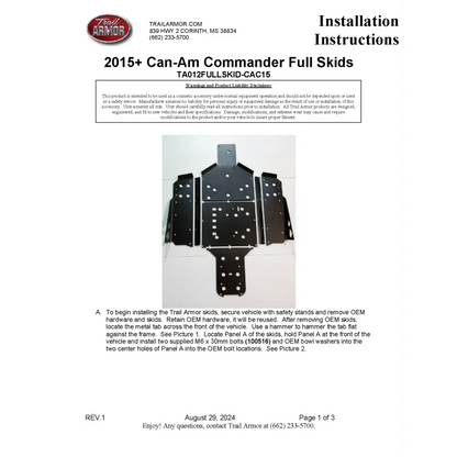 Trail Armor Can Am Commander 800 800 DPS 800 XT 1000 1000 DPS 1000 X 1000 XT 1000 XT-P 1000 Limited Full Skids