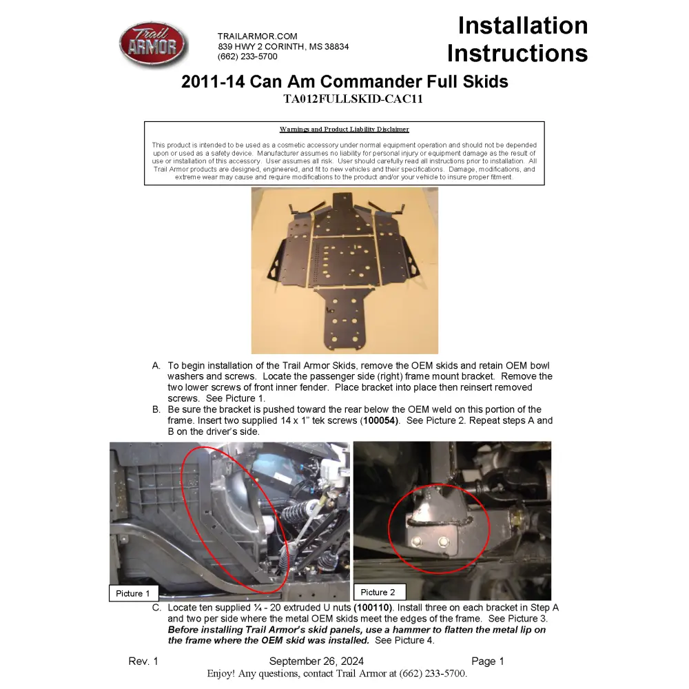 Trail Armor Can Am Commander 800 800 DPS 800 XT 1000 1000 DPS 1000 X 1000 XT 1000 XT-P 1000 Limited Full Skids