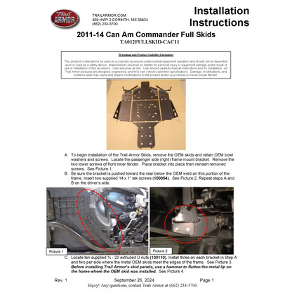 Trail Armor Can Am Commander 800 800 DPS 800 XT 1000 1000 DPS 1000 X 1000 XT 1000 XT-P 1000 Limited Full Skids