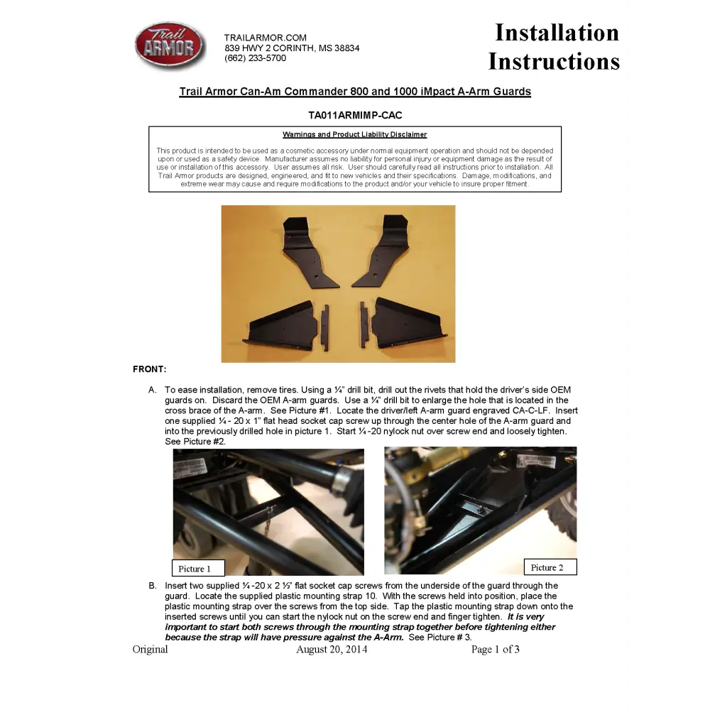 Trail Armor Can Am Commander 800 800 DPS 800 XT 1000 1000 DPS 1000 X 1000 XT 1000 XT-P 1000 Limited iMpact A-Arm CV