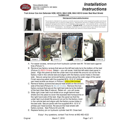 Trail Armor Can Am Defender Defender MAX Defender X MR Defender DPS Defender XT Defender XT CAB Defender XT-P Under Bed