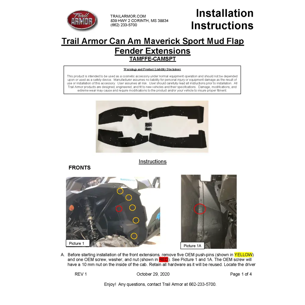 Trail Armor Can Am Maverick Sport Mud Flap Fender Extensions - Mudshields