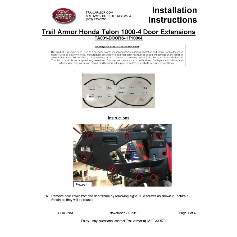 Trail Armor Honda Talon 1000X-4 1000X-4 Live Valve Lower Door Insert Kit - Doors