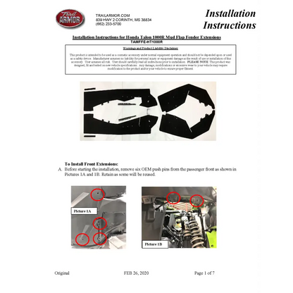 Trail Armor Honda Talon R Talon X Talon 1000 X-4 Talon 1000 RS Talon 1000 XS Talon 1000 XS-4 Mud Flap Fender Extensions
