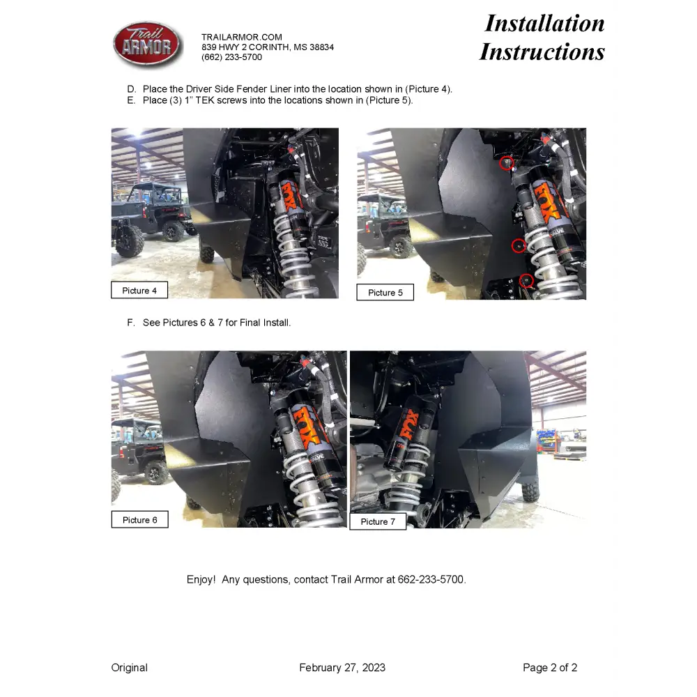 Trail Armor Kawasaki KRX 4 1000 KRX 4 1000 SE KRX 4 1000 eS and KRX 4 1000 eS SE Inner Fender Liners 2023 - 2024