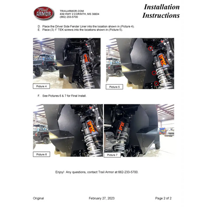 Trail Armor Kawasaki KRX 4 1000 KRX 4 1000 SE KRX 4 1000 eS and KRX 4 1000 eS SE Inner Fender Liners 2023 - 2024