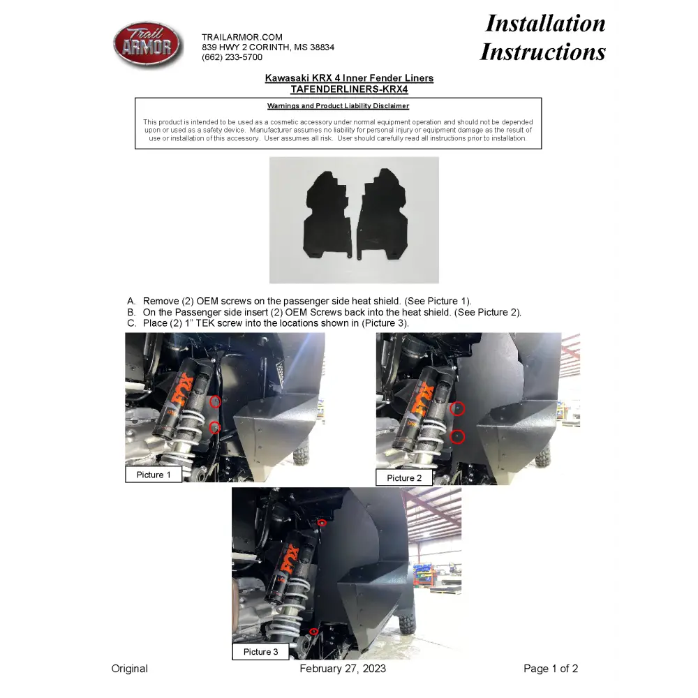 Trail Armor Kawasaki KRX 4 1000 KRX 4 1000 SE KRX 4 1000 eS and KRX 4 1000 eS SE Inner Fender Liners 2023 - 2024