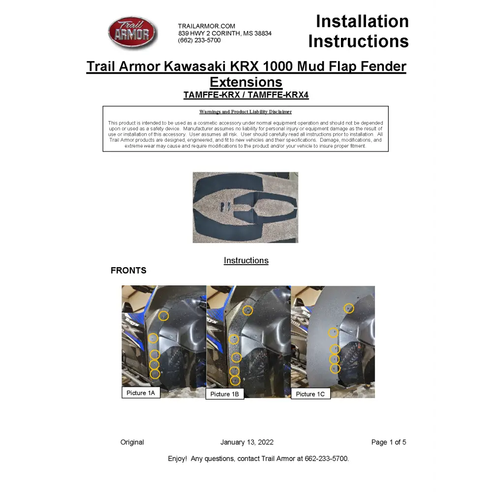 Trail Armor Kawasaki KRX 4 1000 Special Edition KRX 4 1000 eS and KRX 4 1000 eS Special Edition Mud Flap Fender