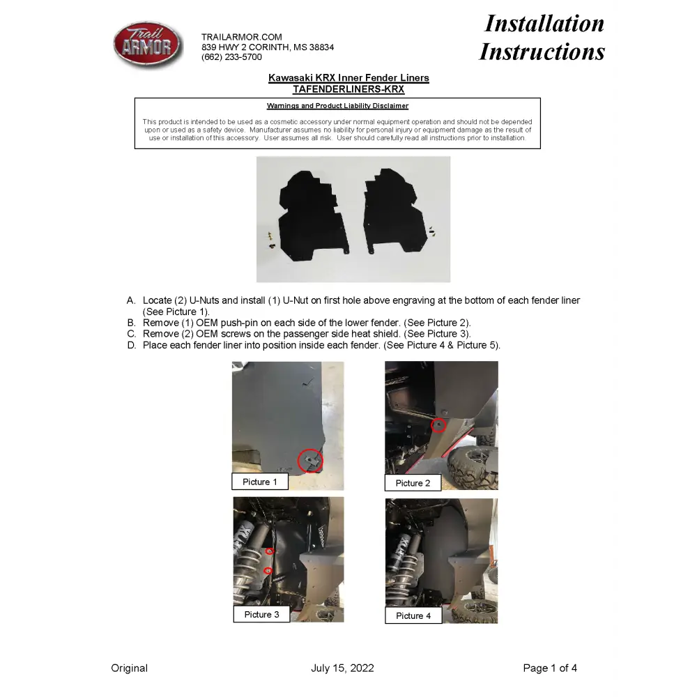 Trail Armor Kawasaki KRX Inner Fender Liners 2020 - 2024 - Mudshields