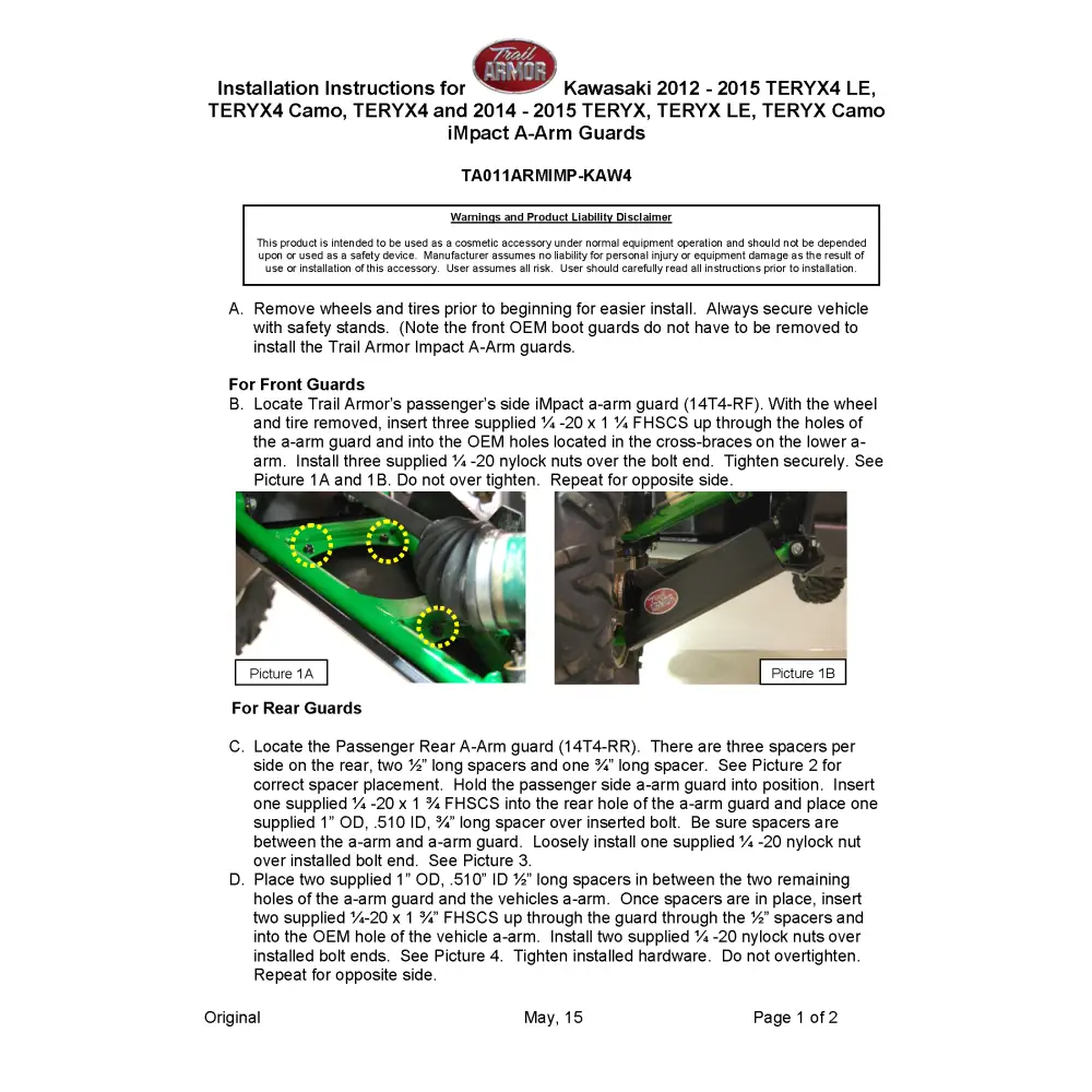 Trail Armor Kawasaki TERYX4 LE TERYX4 Camo TERYX4 and TERYX TERYX LE TERYX Camo iMpact A-Arm Guards - A-Arm Guards