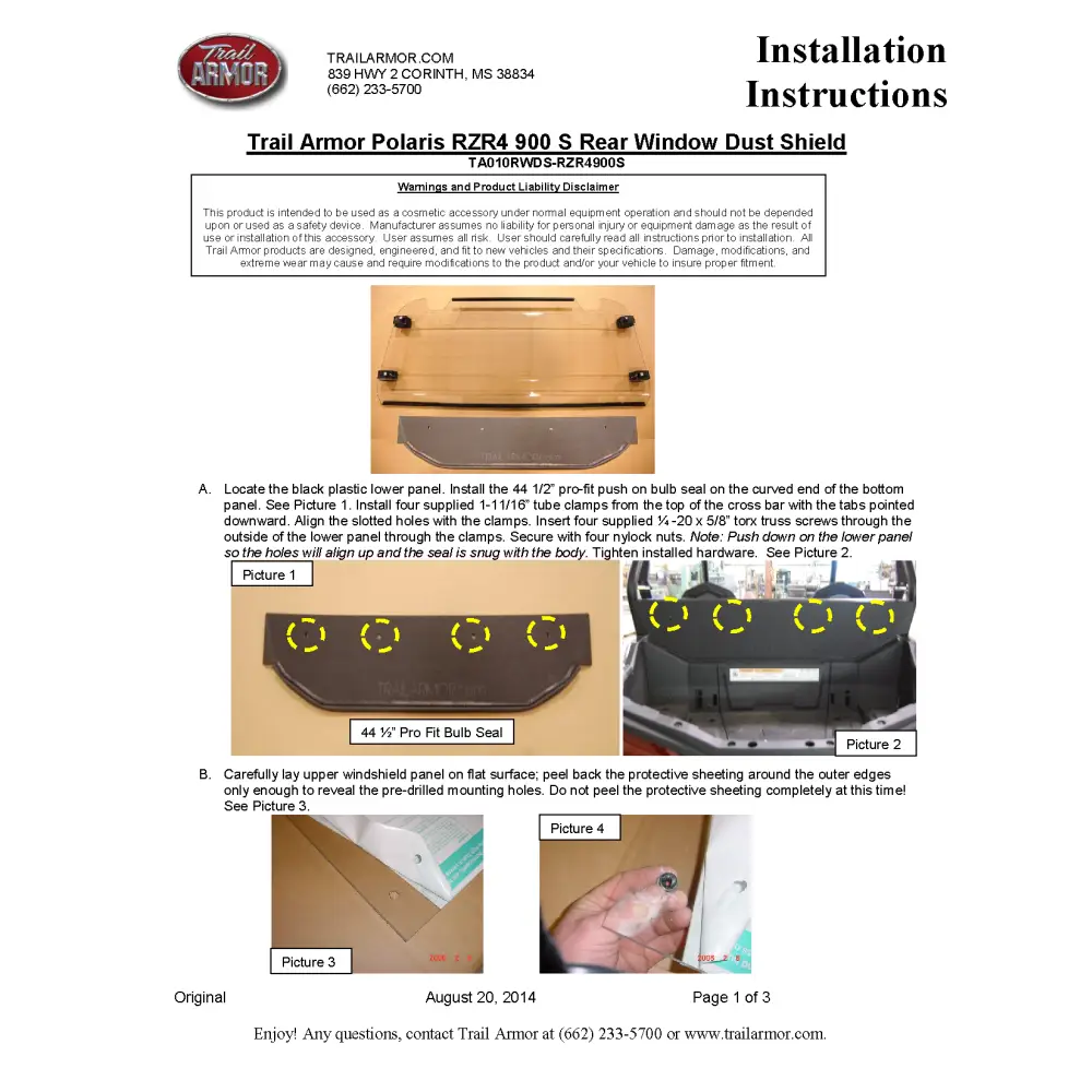 Trail Armor Polaris 2015 - 2018 RZR 4 900 RZR 4 900 S and 2019 RZR 4 1000 S Rear Window Dust Shield - Windshields