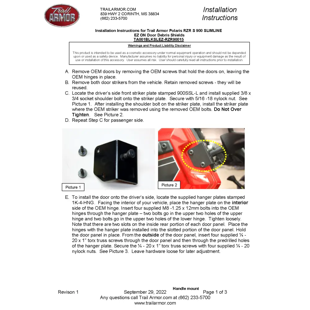 Trail Armor Polaris 2015 - 2019 Polaris RZR 900 RZR 900 EPS TRAIL RZR S 900 RZR S 900 EPS 2015 - 2017 RZR 900 XC