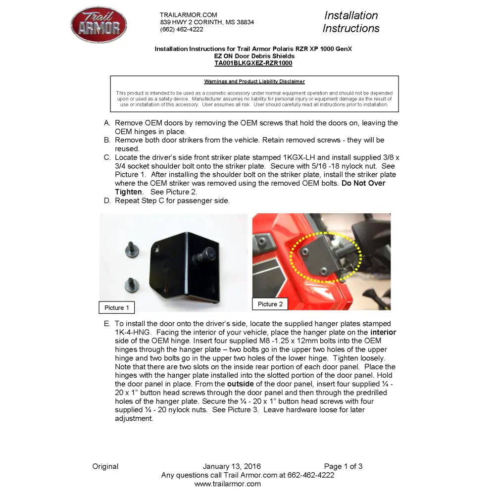 Trail Armor Polaris 2015 - 2020 Polaris RZR 900 RZR 900 EPS TRAIL RZR 900 S RZR 900 S EPS 2015 - 2017 RZR 900 XC