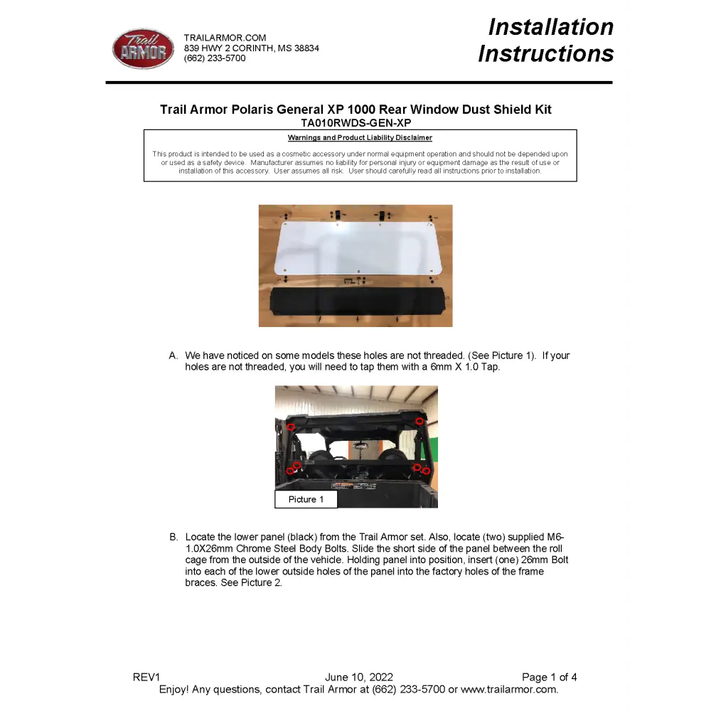 Trail Armor Polaris General XP 1000 General 1000 General 4 1000 and General XP 4 1000 Rear Window Dust Shield