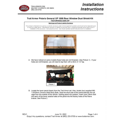 Trail Armor Polaris General XP 1000 General 1000 General 4 1000 and General XP 4 1000 Rear Window Dust Shield