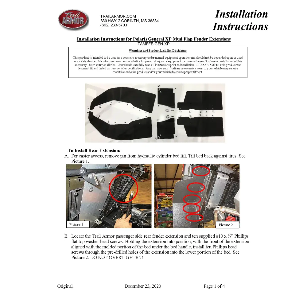 Trail Armor Polaris General XP 1000 and General XP 4 1000 Mud Flap Fender Extensions 2020 - 2024 - Mudshields