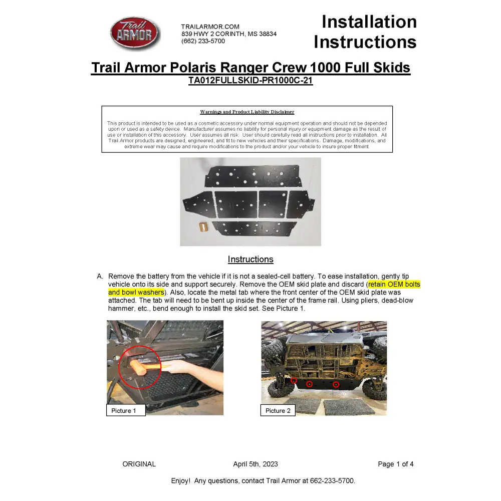 Trail Armor Polaris Ranger 1000 Crew Full Skids 2021 - 2022 - Skid Plates