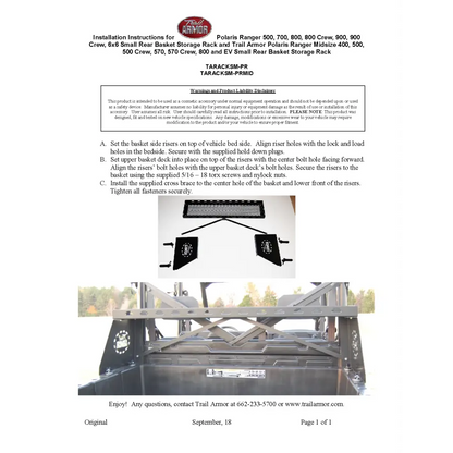 Trail Armor Polaris Ranger Midsize 400 500 500 Crew 570 800 ETX and EV Small Rear Basket Storage Rack - Racks