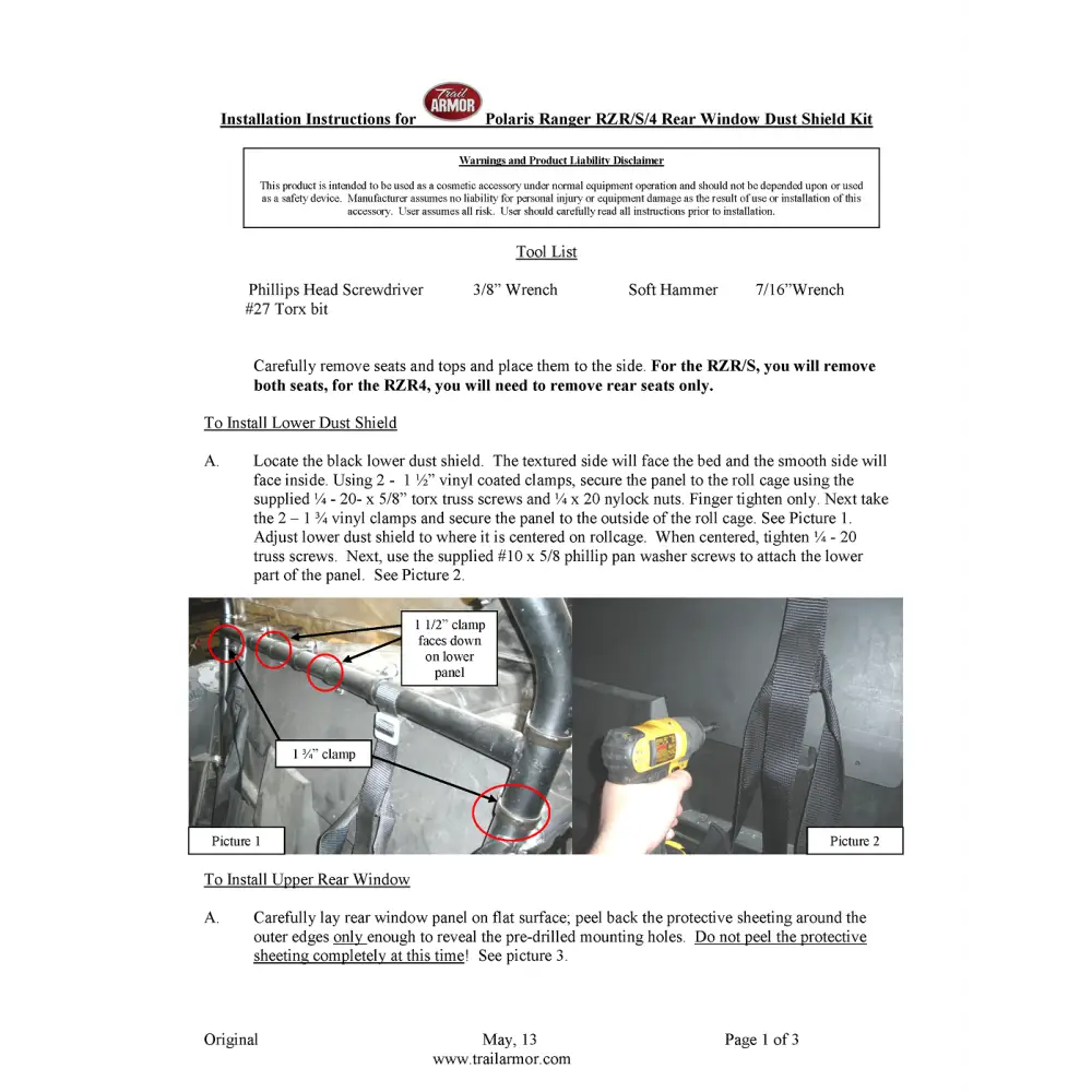 Trail Armor Polaris RZR 4 800 Rear Window Dust Shield Kit 2010 - 2014 - Windshields