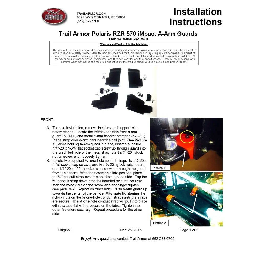 Trail Armor Polaris RZR 570 iMpact A-arm Guards 2012 - 2020 - A-Arm Guards