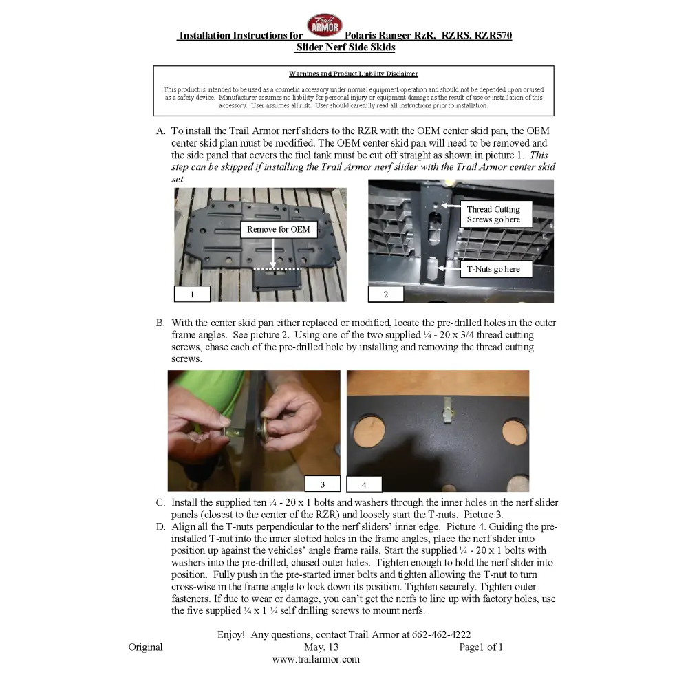 Trail Armor Polaris RZR 800 RZR 570 RZR 800 S RZR 800 XC RZR S 570 Slider Nerfs - Skid Plates