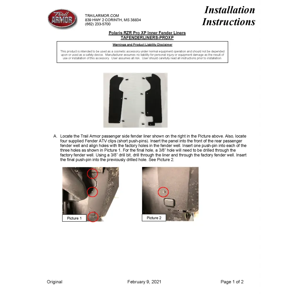 Trail Armor Polaris RZR Pro XP RZR Pro XP 4 RZR Turbo R and RZR Turbo R 4 (all editions) Inner Fender Liners