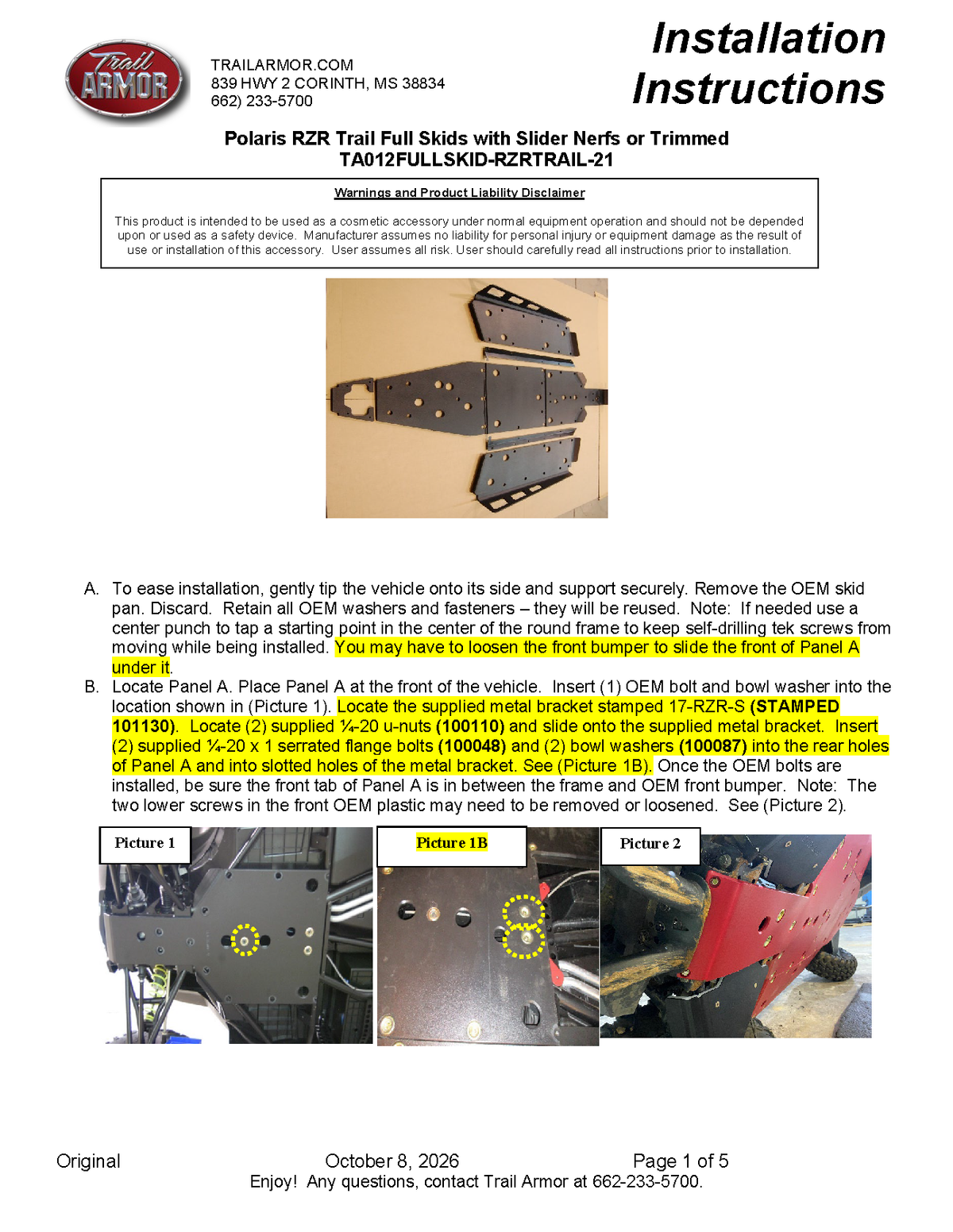 Trail Armor Polaris RZR Trail Trail S 900 and Trail S 1000 Full Skids with Slider Nerfs or Trimmed for Polaris Kick