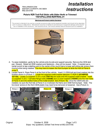 Trail Armor Polaris RZR Trail Trail S 900 and Trail S 1000 Full Skids with Slider Nerfs or Trimmed for Polaris Kick