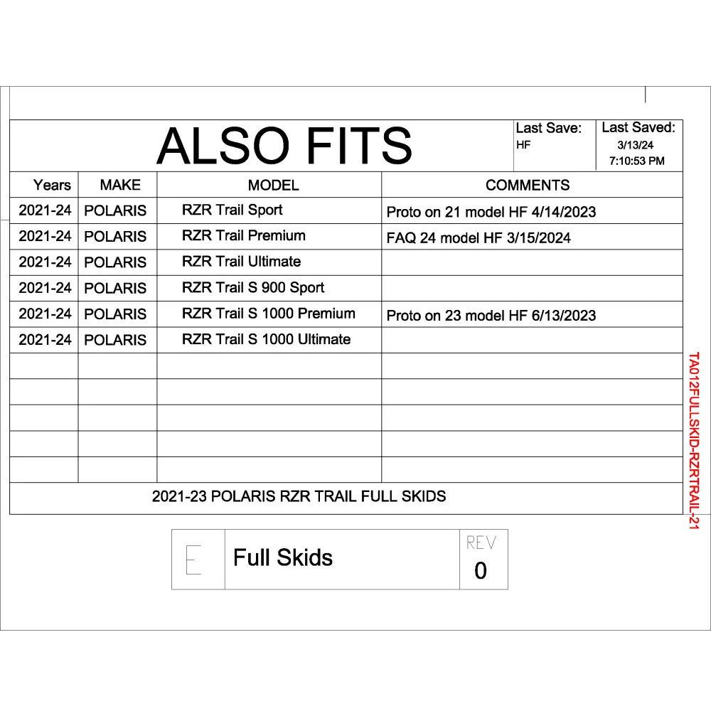 Trail Armor Polaris RZR Trail Trail S 900 and Trail S 1000 Full Skids with Slider Nerfs or Trimmed for Polaris Kick