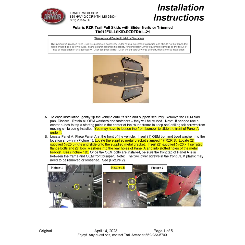 Trail Armor Polaris RZR Trail Trail S 900 and Trail S 1000 Full Skids with Slider Nerfs or Trimmed for Polaris Kick