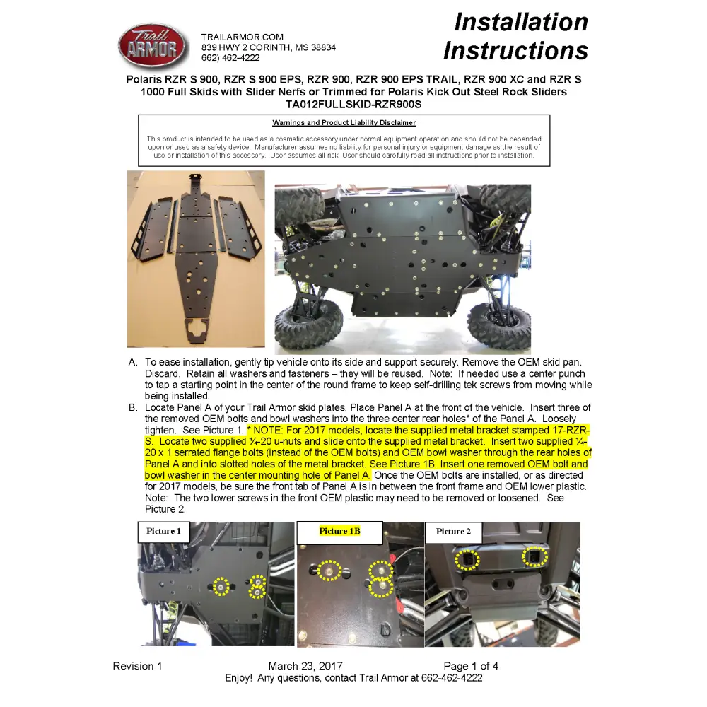 Trail Armor Polaris RZR S 900 RZR S 900 EPS RZR 900 RZR 900 EPS TRAIL RZR 900 XC and RZR S 1000 Full Skids with Slider