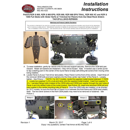 Trail Armor Polaris RZR S 900 RZR S 900 EPS RZR 900 RZR 900 EPS TRAIL RZR 900 XC and RZR S 1000 Full Skids with Slider