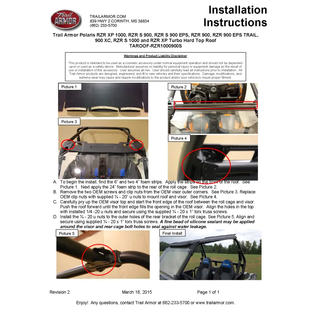 Trail Armor Polaris RZR XP 1000 (Standard Sport Premium Highlifter Trails and Rocks Ultimate) RZR S 900 RZR S 900 EPS