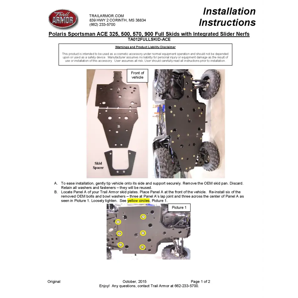 Trail Armor Polaris Sportsman ACE 325 500 570 570 SP 900 and 900 XC Full Skids - Skid Plates