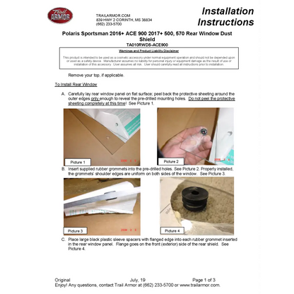 Trail Armor Polaris Sportsman ACE 900 500 570 900 XC Rear Window Dust Shield - Windshields