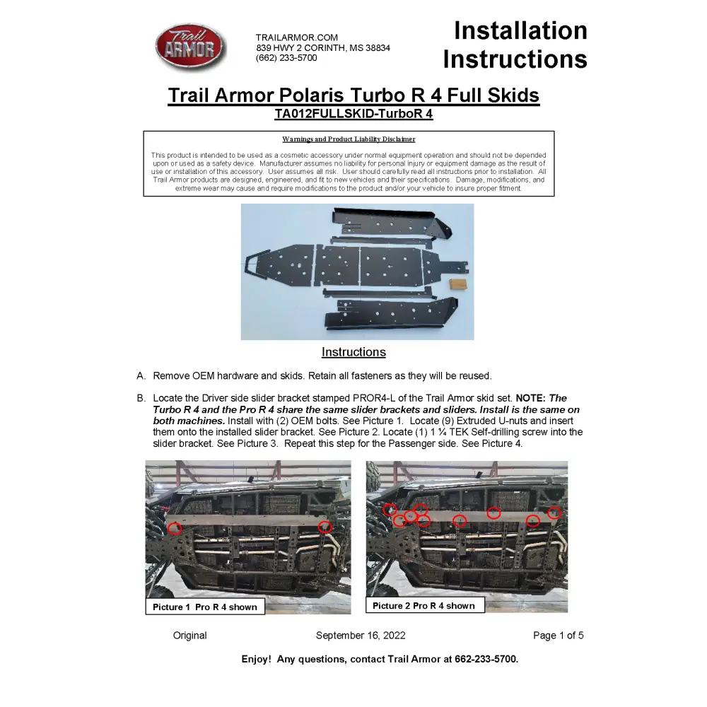 Trail Armor Polaris Turbo R 4 Full Skids with Standard or Trimmed Sliders - Skid Plates