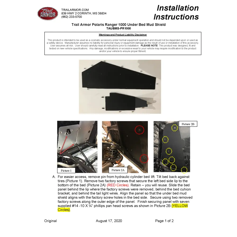 Trail Armor Ranger 1000 and Ranger 1000 Crew Underbed Mud Shield with Fender Enclosure - Mudshields