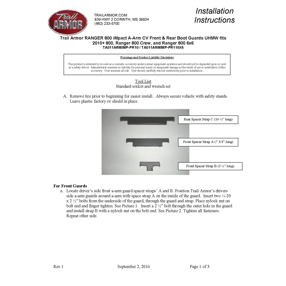 Trail Armor Ranger 800 6x6 iMpact A-Arm CV Front & Rear Boot Guards 2010- 2017 - A-Arm Guards