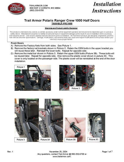 Trail Armor Ranger Crew and Ranger XP Crew 1000 Half Doors 2021 - 2024 - Doors