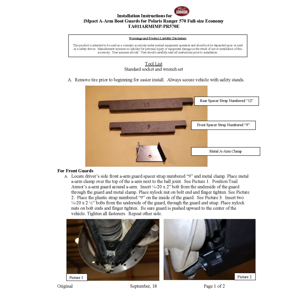 Trail Armor Ranger Full Size Economy 570 and Ranger Full Size Economy 570 Crew Impact A-Arm Guards (has STRUTS) - A-Arm